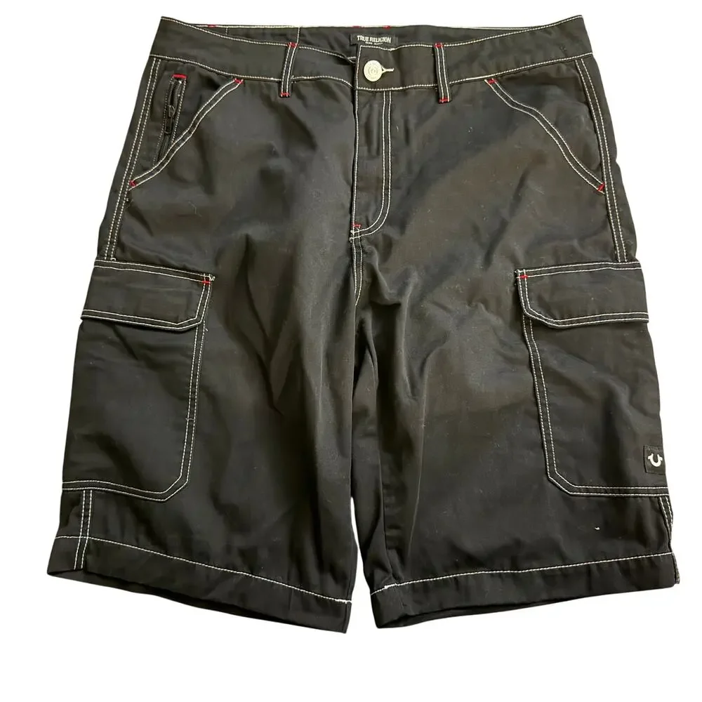 True Religion Black Cargo Shorts Contrast Stitch Size 36 Y2K